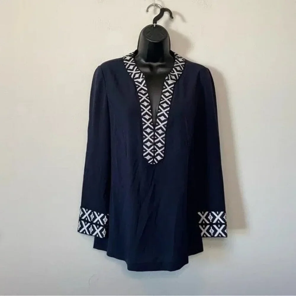 Tory Burch Ariana Navy Embroidered Tunic